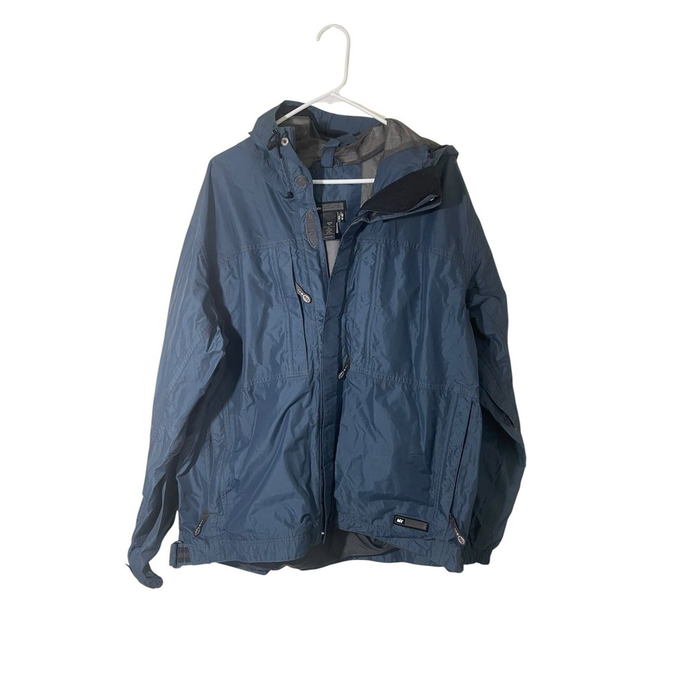 REI Jacket Mens XL Elements Blue Hooded Waterproof Rain Shell Tactical Hiking